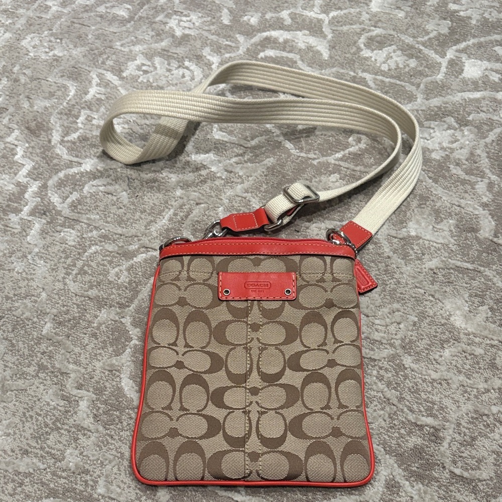 Coach Tan and Red Signature Crossbody
